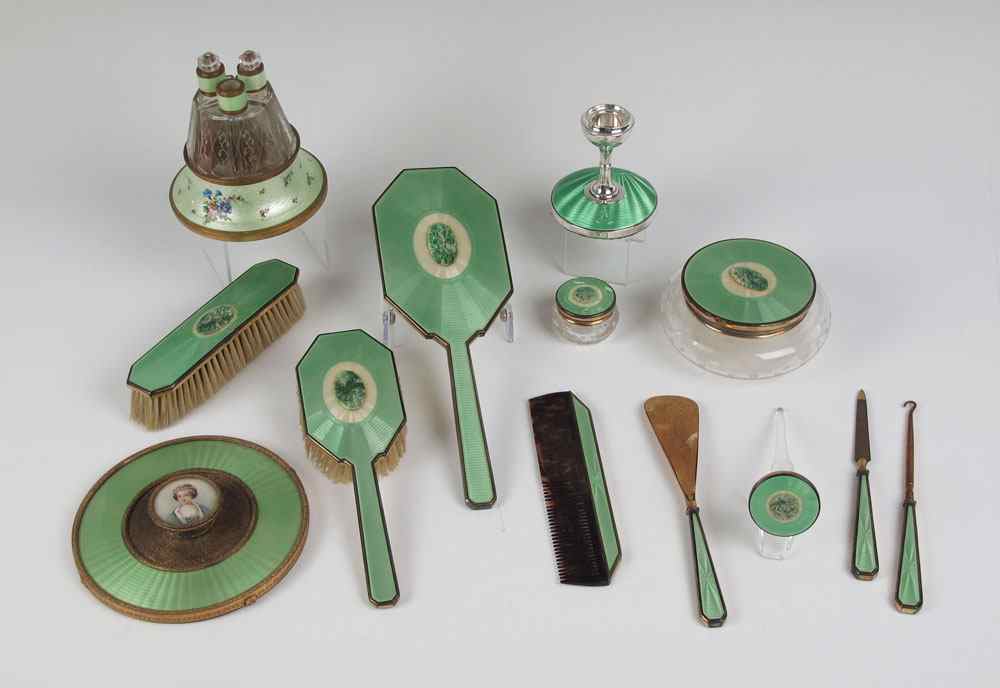 Appraisal: GUILLOCHE ENAMEL DRESSER SET WITH JADE INSETS A piece assembled