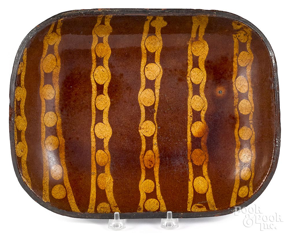 Appraisal: Slip decorated redware loaf dish English slip decorated redware loaf