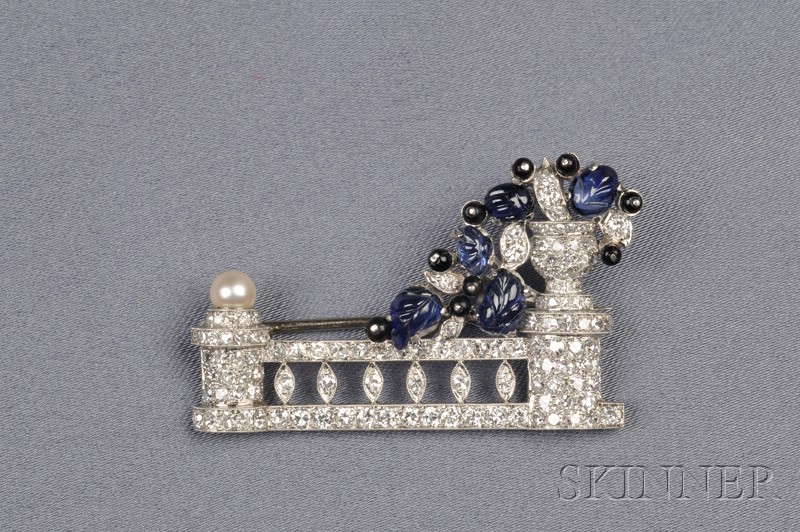 Appraisal: Art Deco Platinum Carved Sapphire Onyx and Diamond Brooch designed