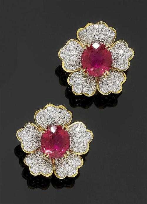 Appraisal: RUBELLITE AND BRILLIANT-CUT DIAMOND CLIP EARRINGS Yellow and white gold