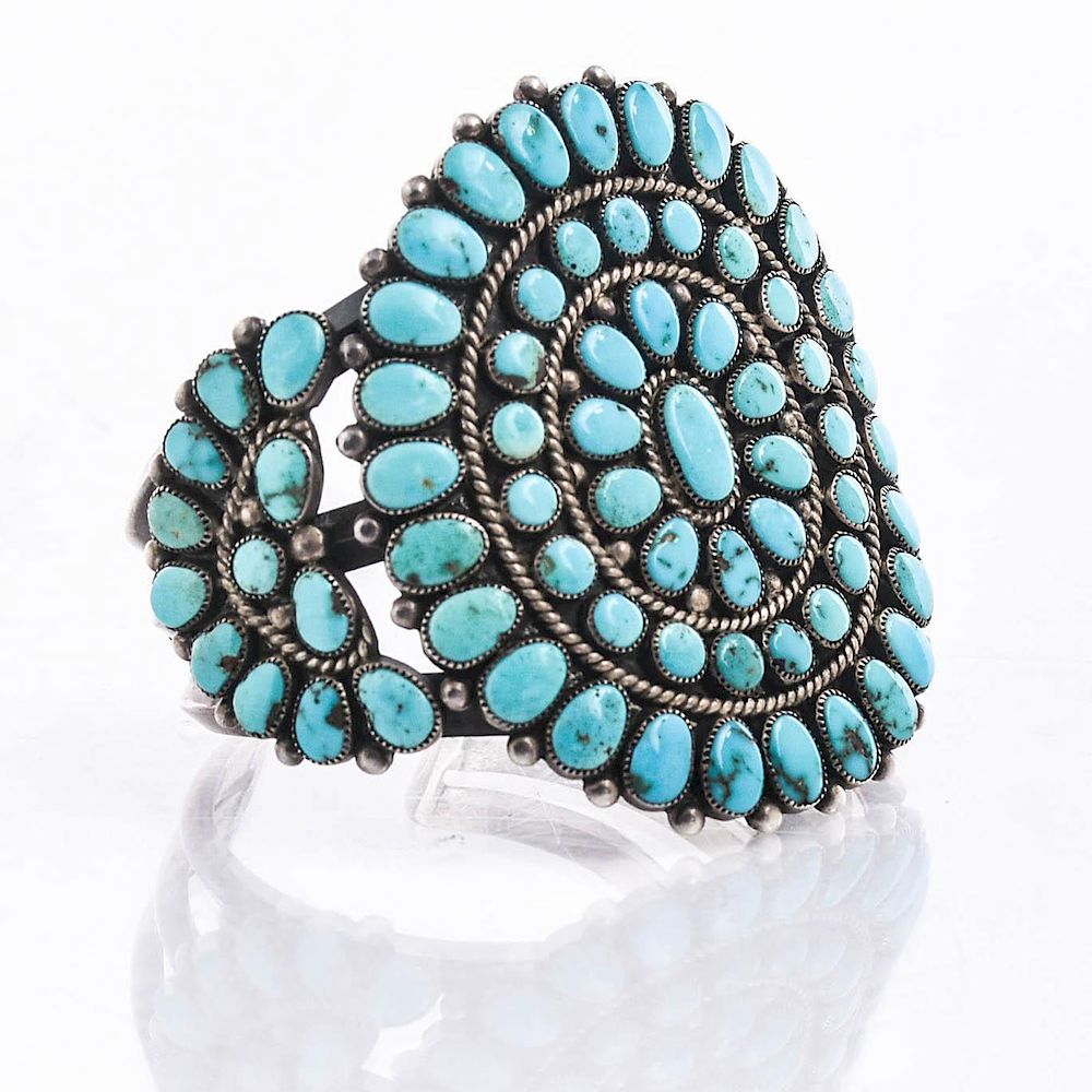 Appraisal: NATIVE AMERICAN SILVER TURQUOISE CLUSTER CUFF BRACELET Total weight approximately