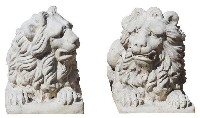 Appraisal: pair Cast stone garden statuary depicting lion lying on flat