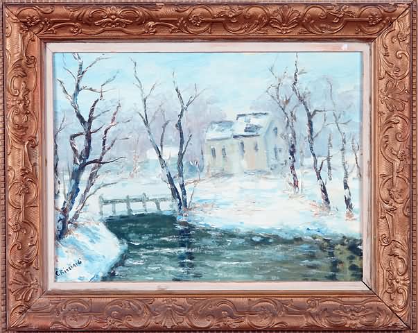 Appraisal: Winter scene with house in the snow along a creek