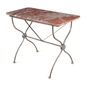 Appraisal: A French Steel Marble-Top Table th Century Height x width