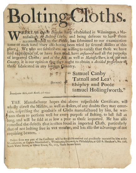 Appraisal: VERY EARLY TEXTILE MANUFACTURING BROADSIDE MANUFACTURING Dawson Robert Advertisement for