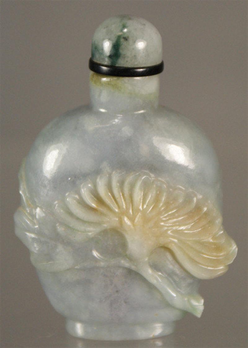 Appraisal: carved blue-green jadeite snuff bottle leaf butterfly design matching stopper