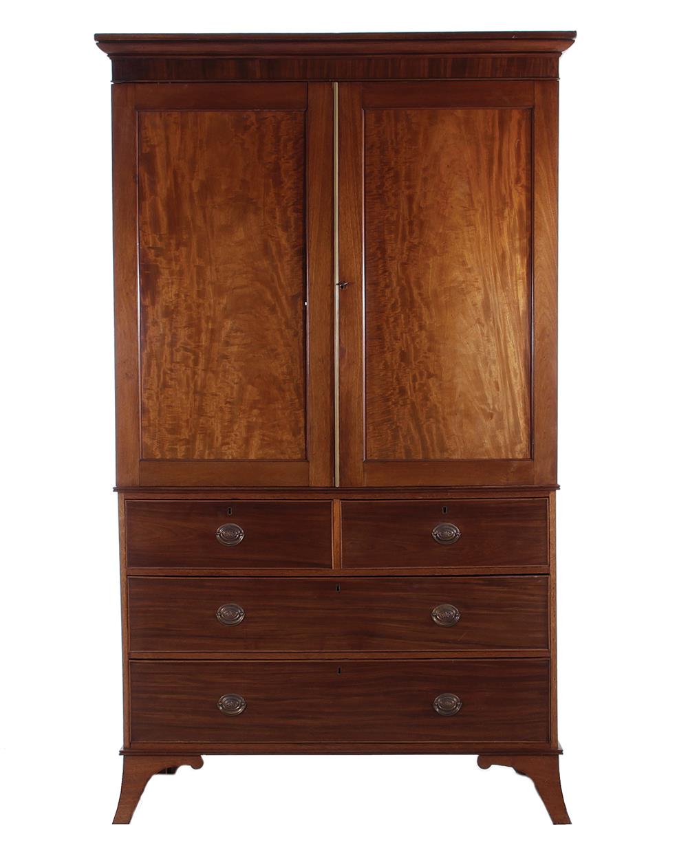 Appraisal: English mahogany linen press circa panel doors above drawers H