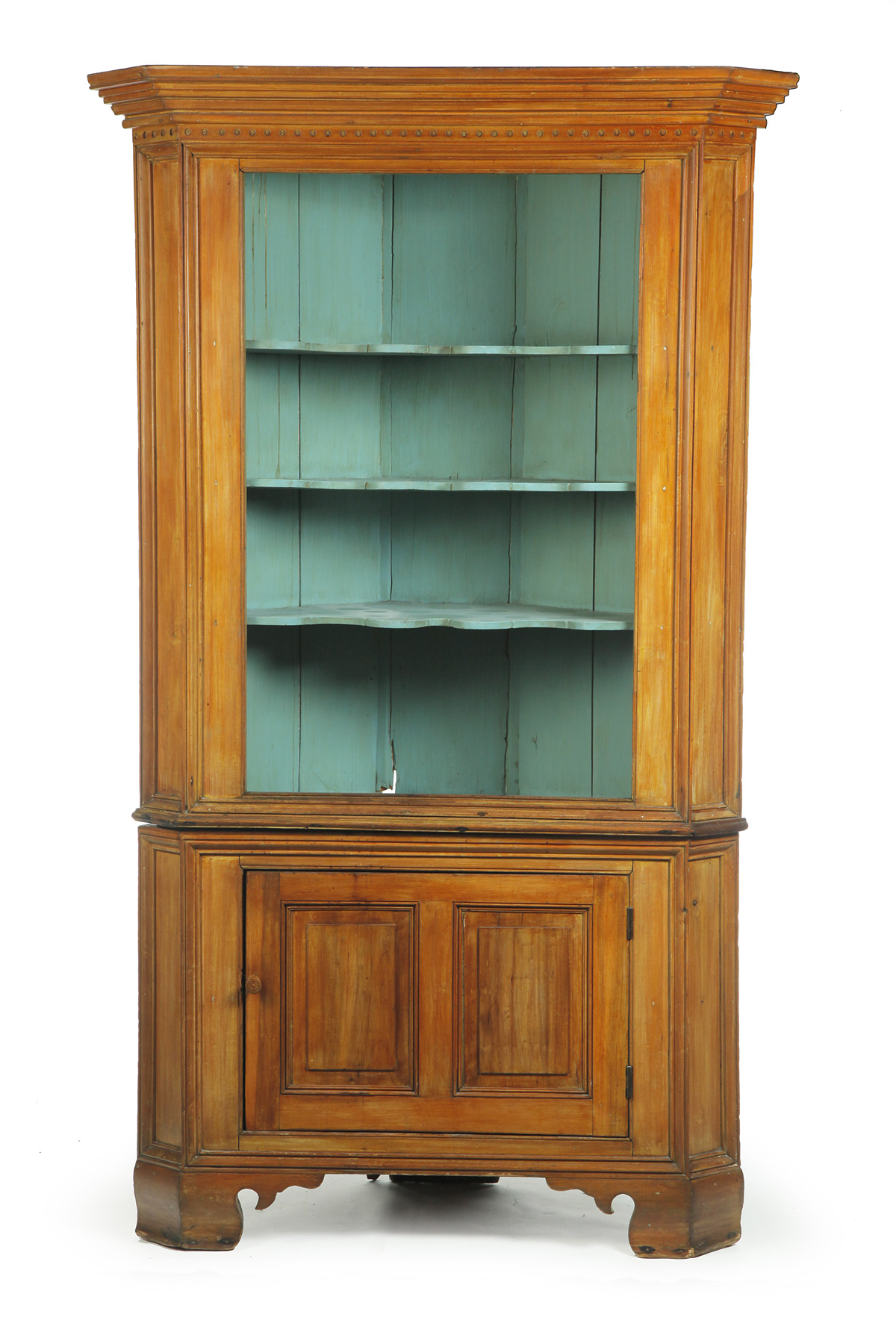 Appraisal: AMERICAN CORNER CUPBOARD Nineteenth century pine Two-piece cupboard the upper