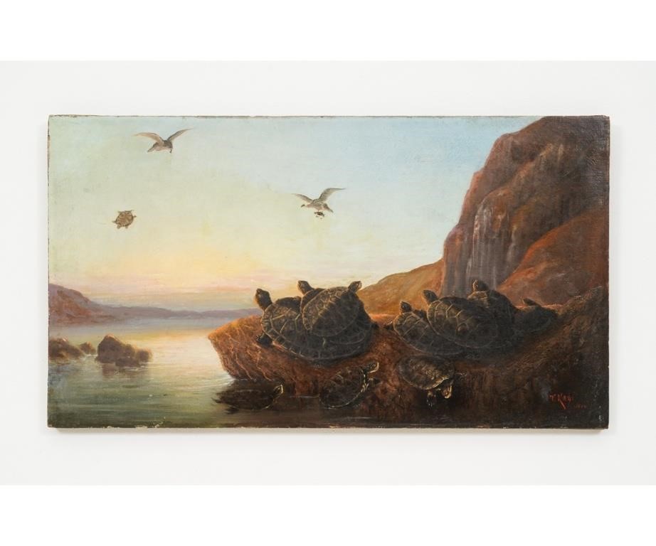 Appraisal: Tameya Kagi b Japanese-American unframed oil on canvas of turtles