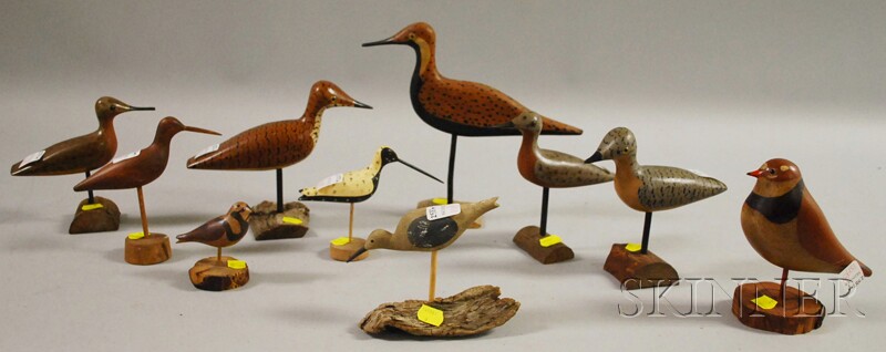 Appraisal: Ten Carved and Painted Wood Shorebird Figures some branded P