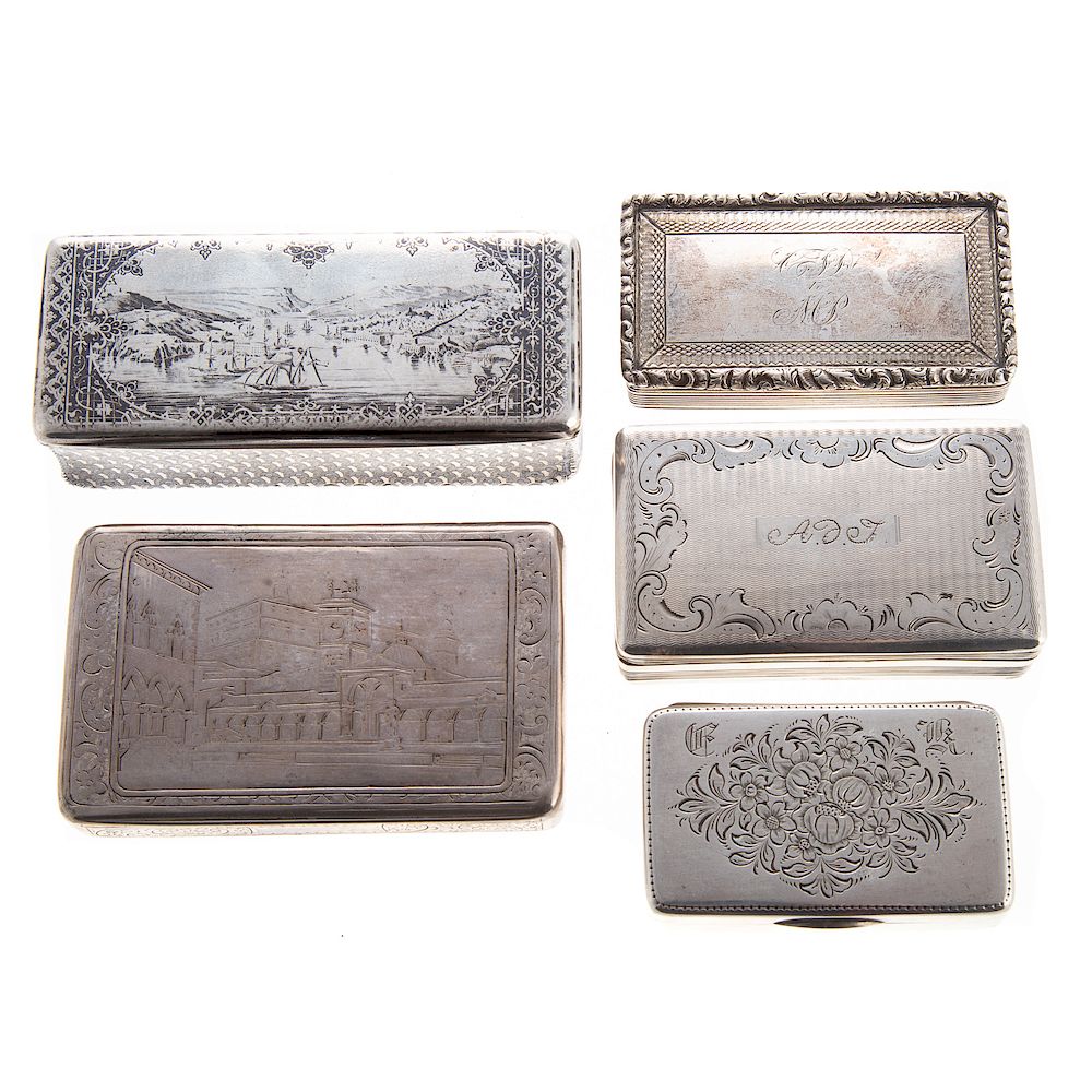 Appraisal: Five English Continental Silver Boxes including four snuffboxes - one