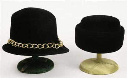 Appraisal: Two Norman Norell hats One black velvet pillbox hat the