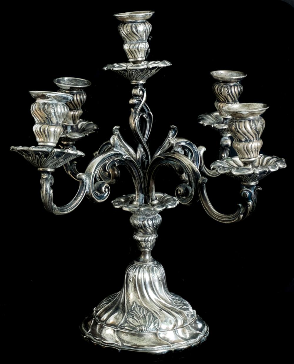 Appraisal: IMPRESSIVE GERMAN SILVER LIGHT CANDELABRAImpressive silver five light candelabra attributed