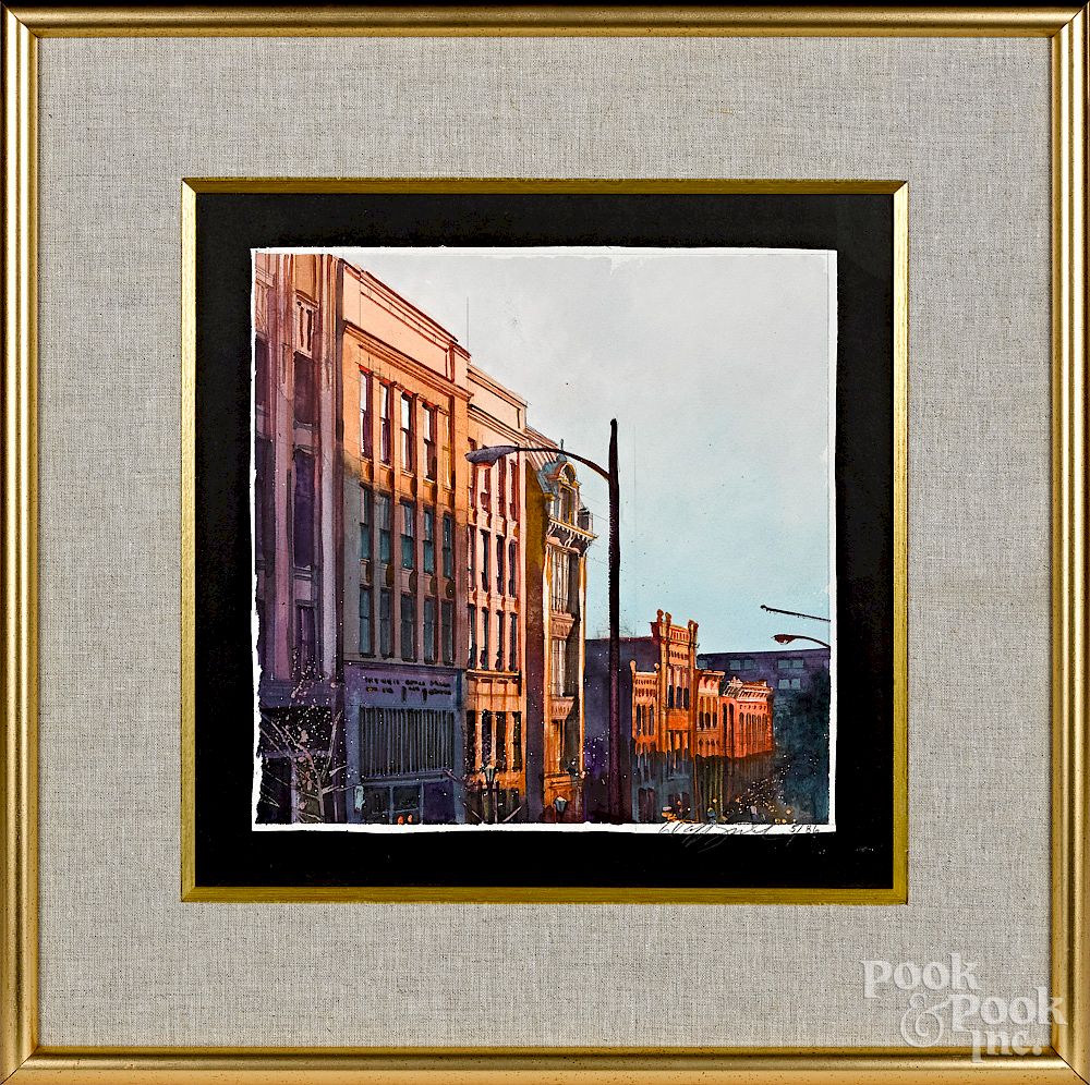 Appraisal: David Brumbach watercolor Lancaster street scene David Brumbach American -