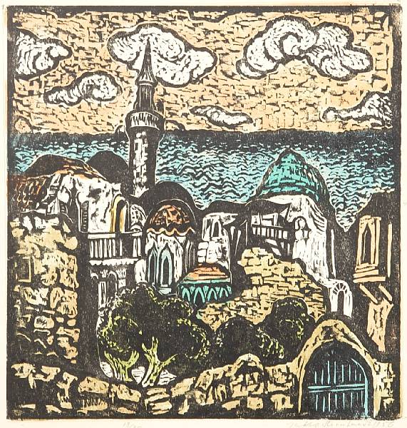 Appraisal: Property of various owners Yaffo Skyline Woodcut printed in colors