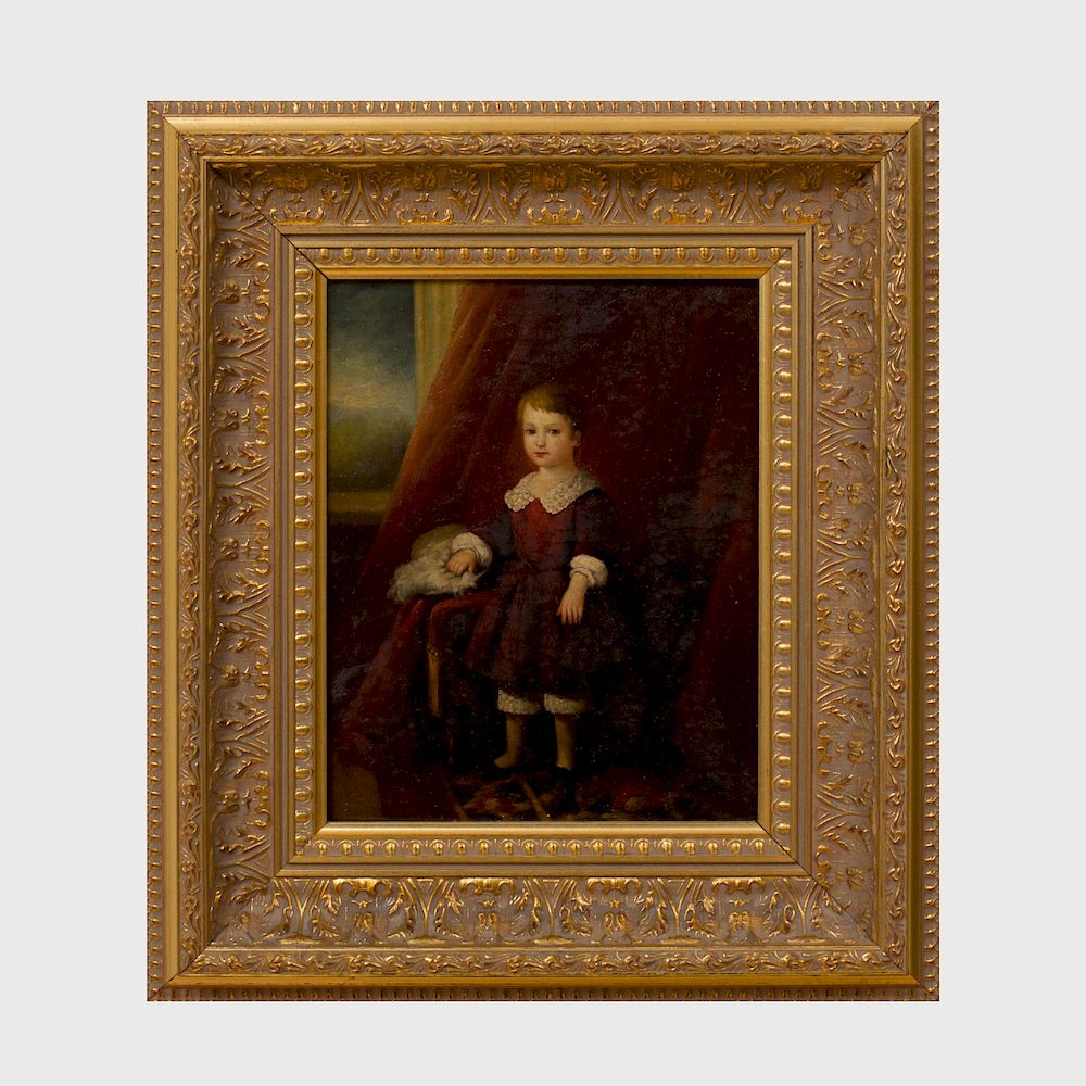 Appraisal: European School Boy in a Red Velvet Jacket Oil on