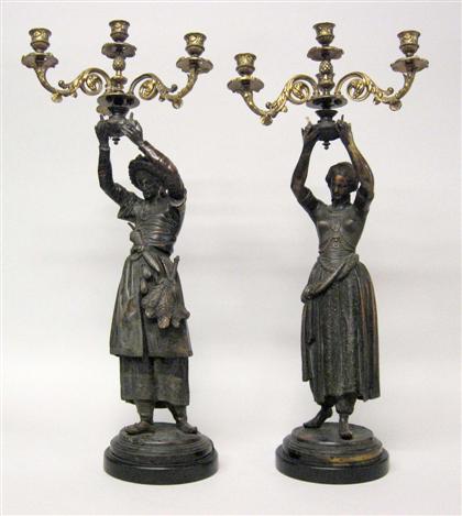 Appraisal: Pair of French patinated and gilt metal figural candelabra early