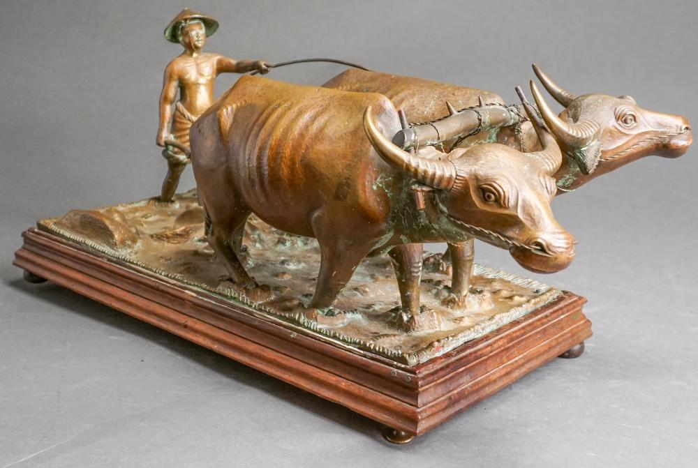 Appraisal: SOUTHEAST ASIAN BRONZE FIGURE OF FARMER WITH WATER BUFFALOS H