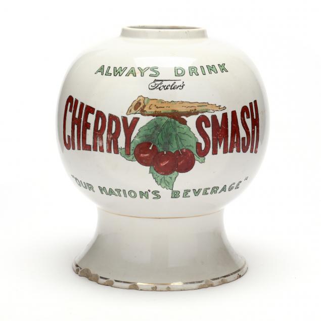 Appraisal: VINTAGE FOWLER'S CHERRY SMASH SYRUP CONTAINER Ceramic globe form on