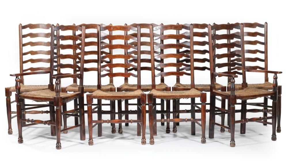 Appraisal: Nine Provincial Ladder-Back Dining Chairs two arms seven sides graduated