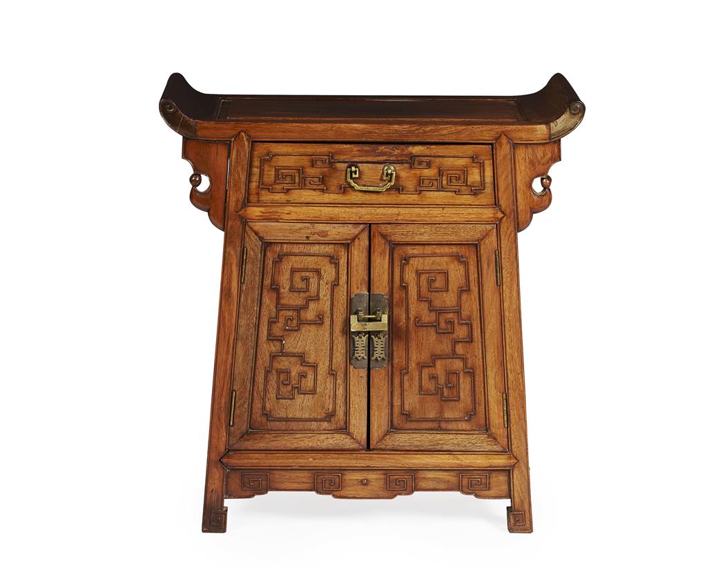 Appraisal: CHINESE HARDWOOD SLOPE SIDE CABINET LATE QING DYNASTY the inset