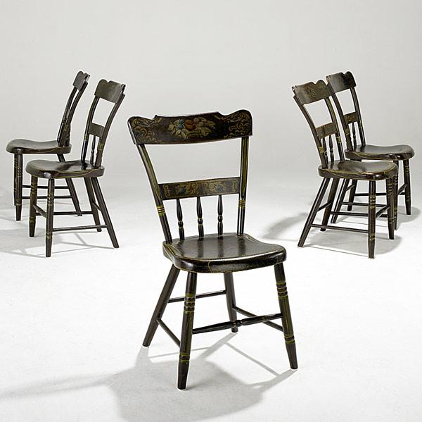 Appraisal: COUNTRY FURNITURE Five half-spindle plank seat chairs with painted decoration