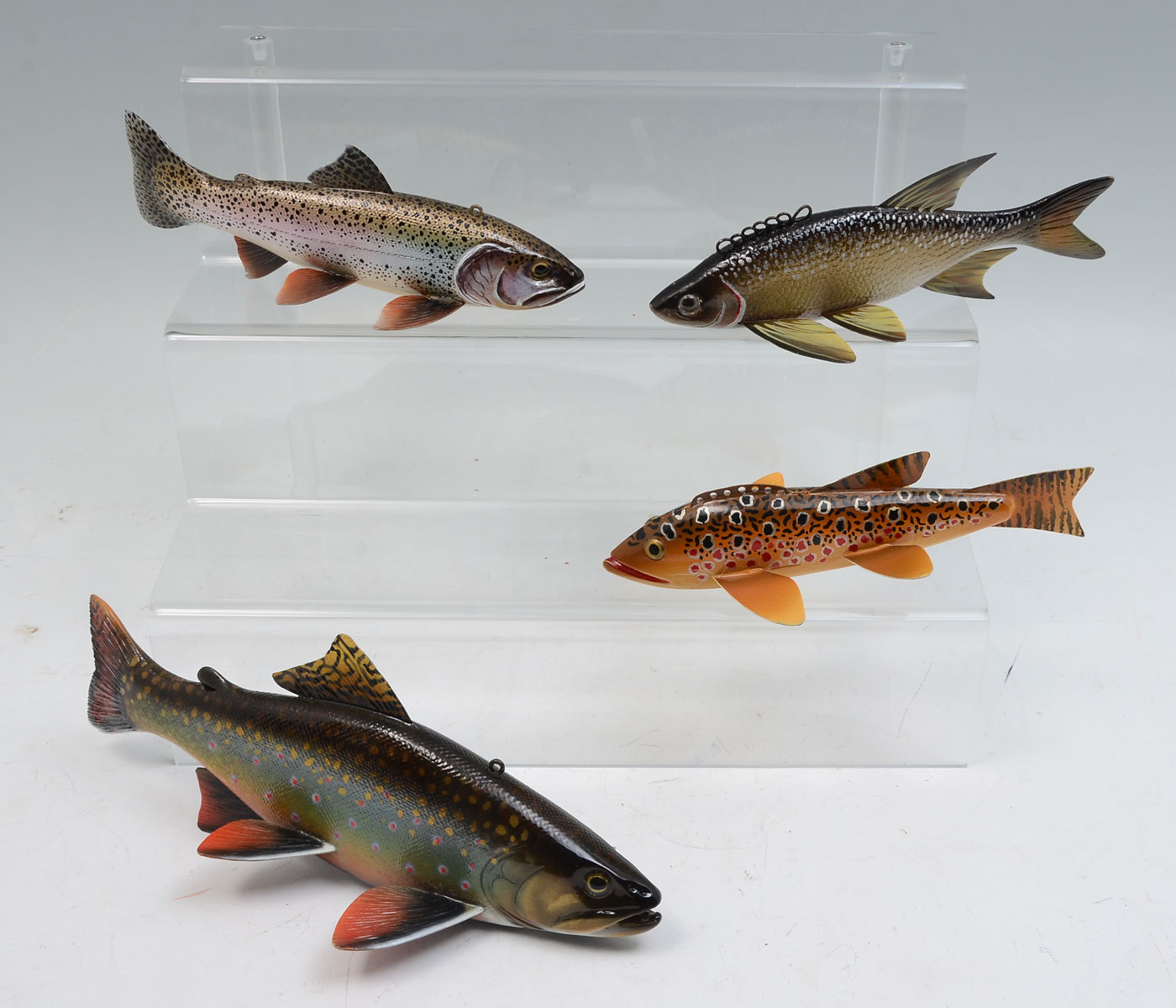 Appraisal: FOUR HARLEY RAGAN OUTSTANDING FISH DECOYS Vibrantly Colored Trout Decoy