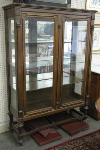 Appraisal: Vintage Oak Flat Glass China Cabinet with stretcher base mirrored