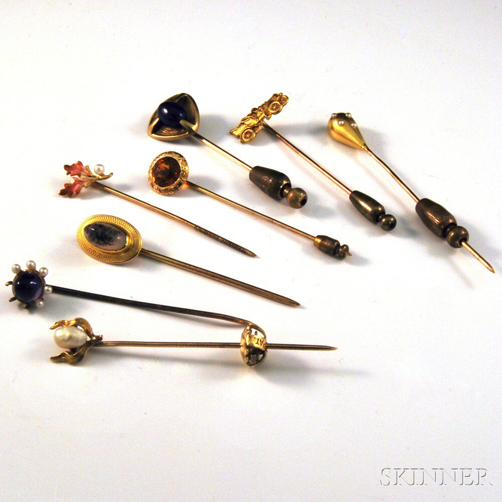 Appraisal: Eight Mostly Gold Gem-set Antique Stickpins including amethyst pearl enamel