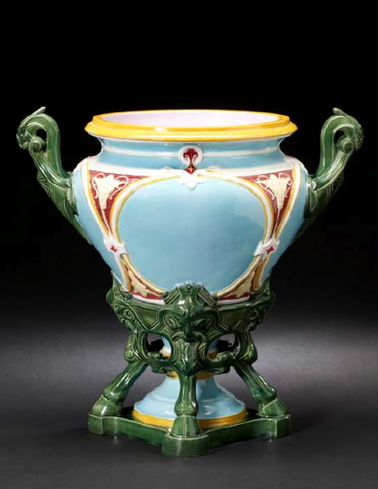 Appraisal: Fine Large Minton Cloven-Hoof-Footed and Wyvern-Handled Majolica Cachepot in the