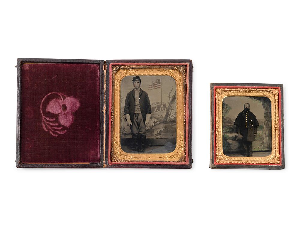 Appraisal: Two Polychrome Embellished Tintypes of Standing Soldiers Two Polychrome Embellished