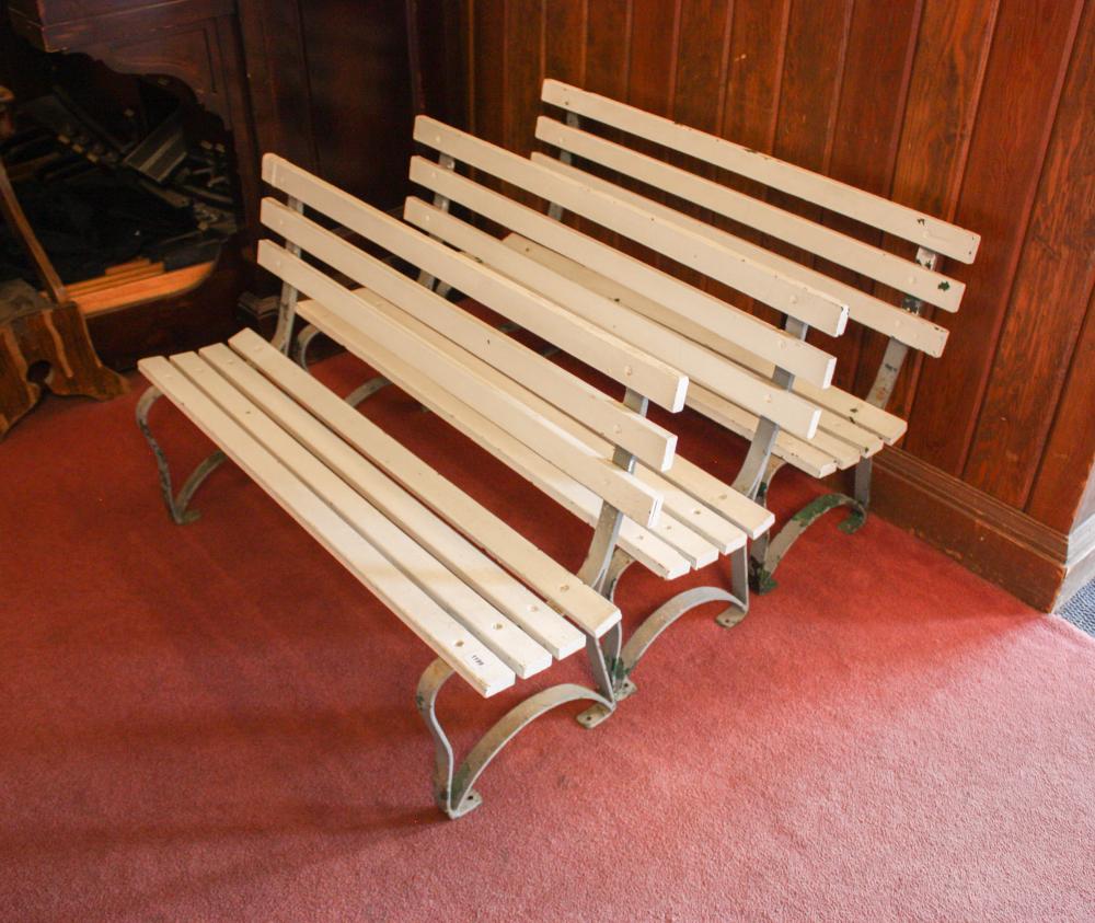 Appraisal: THREE CHILD-SIZE PARK BENCHES white painted wood slats on iron