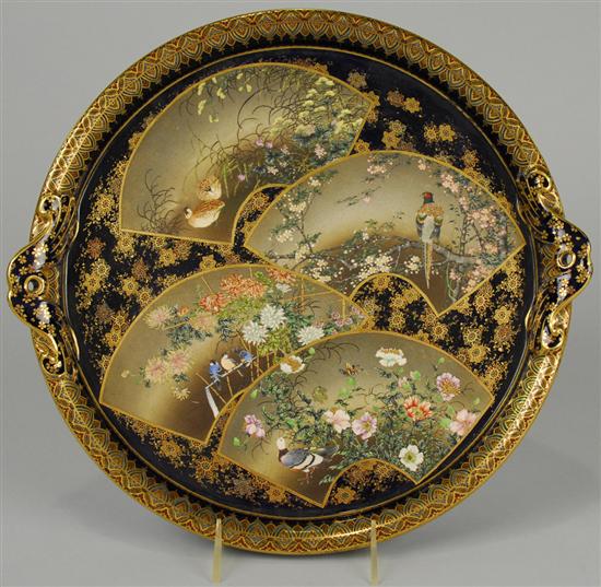 Appraisal: IMPRESSIVE FLORAL AND BIRD DECORATED SATSUMA CIRCULAR TRAY signed on