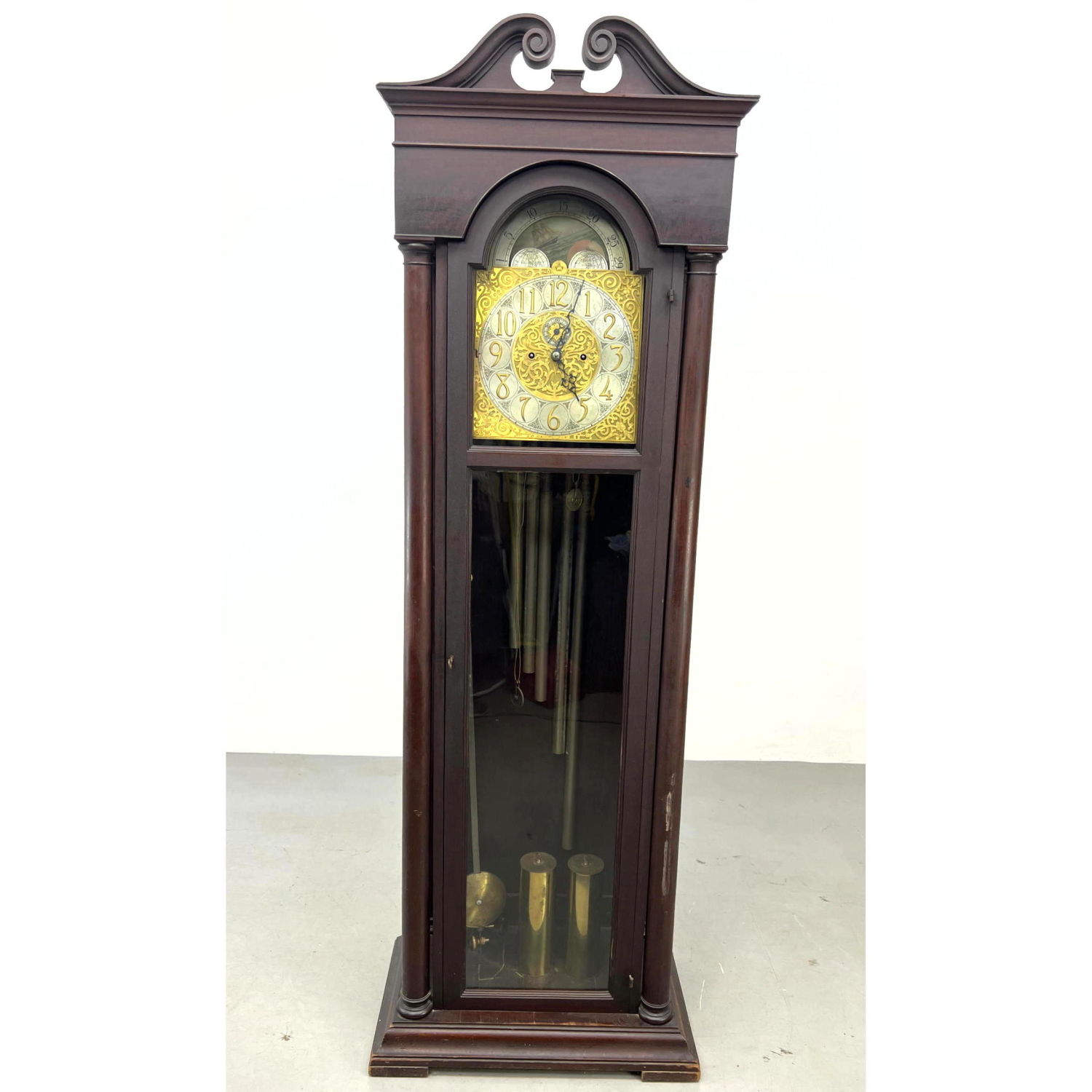 Appraisal: Vintage Mahogany Tall Case Grandfather's Clock Brass and metal face