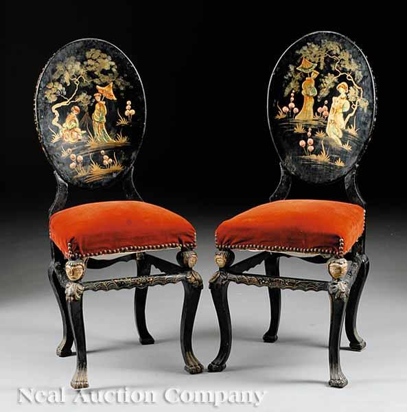 Appraisal: A Pair of Antique Continental Black Lacquered Chinoiserie Side Chairs