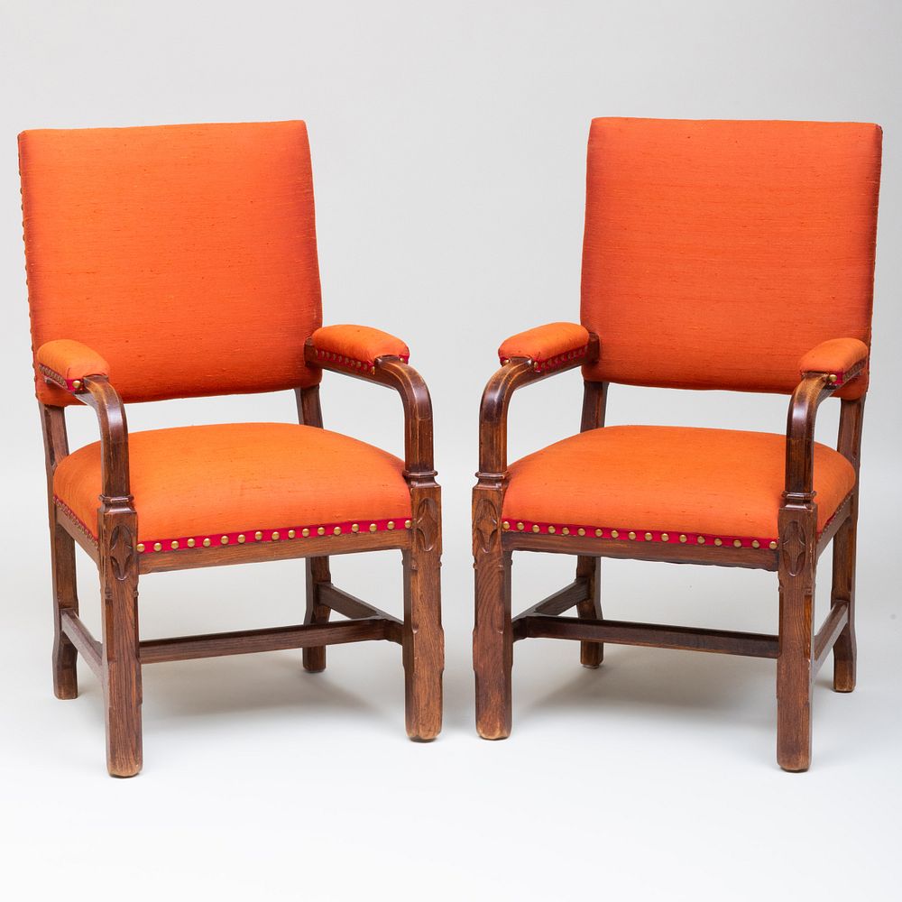 Appraisal: Pair of English Reform Gothic Oak Armchairs in the Style