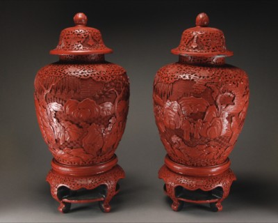 Appraisal: The set entirely of red lacquer carved with figures in