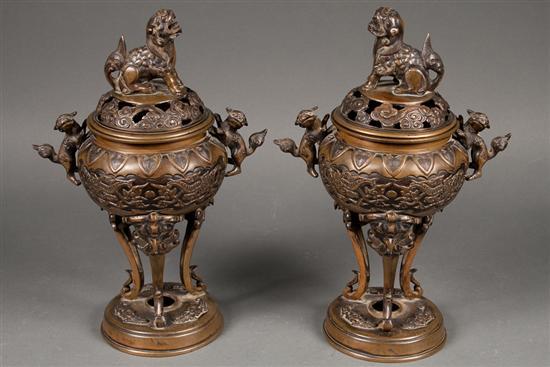 Appraisal: Pair of Chinese patinated bronze censors late th century with