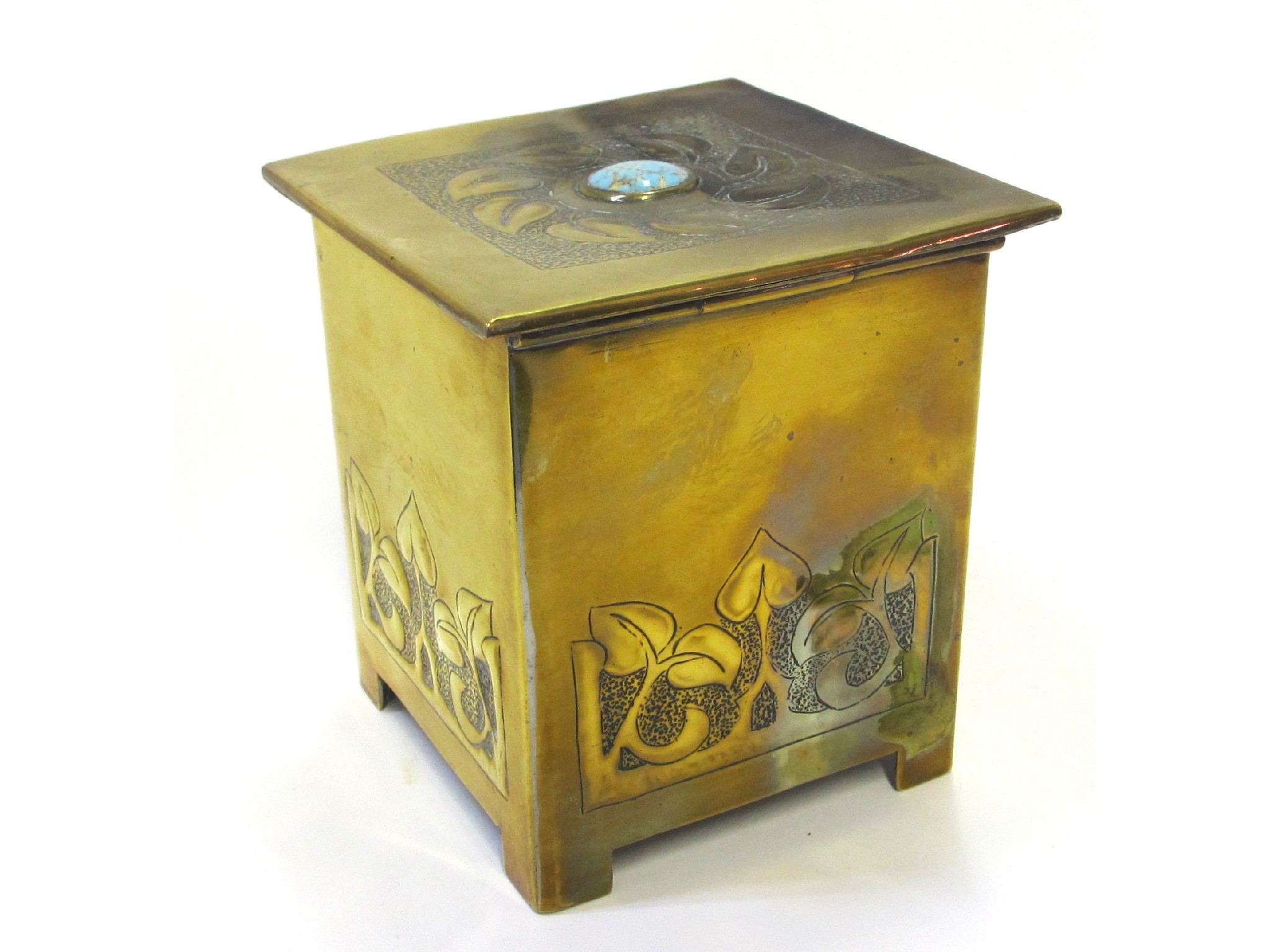 Appraisal: Brass Arts and Crafts tea caddy with foliate detail and