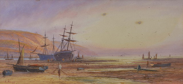 Appraisal: E LEWISFishermen with beached sailing vessels at sunset signed watercolour