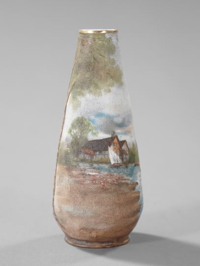 Appraisal: Heubach Polychromed Linen-Ground Porcelain Cabinet Vase in Riverside Landscape decor