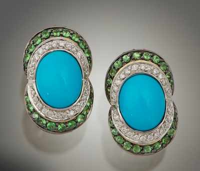 Appraisal: A Pair of Turquoise Diamond and Garnet Earrings k yellow