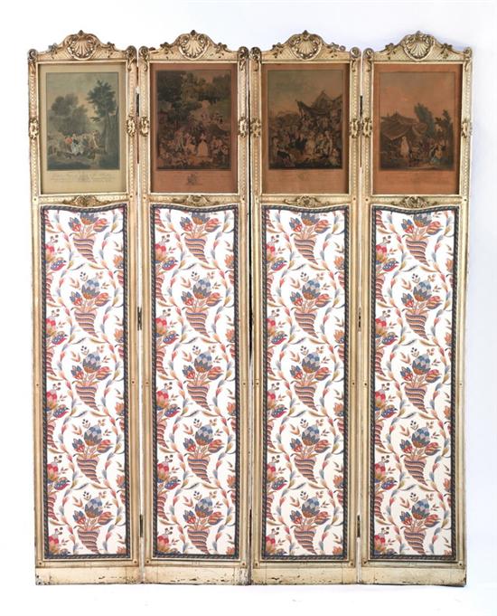 Appraisal: LOUIS XV STYLE PAINTED FOUR-PANEL FOLDING SCREEN th century Scrolling