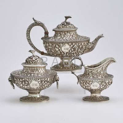 Appraisal: KIRK SON COIN SILVER REPOUSSE COFFEE SERVICE Three oval vessels