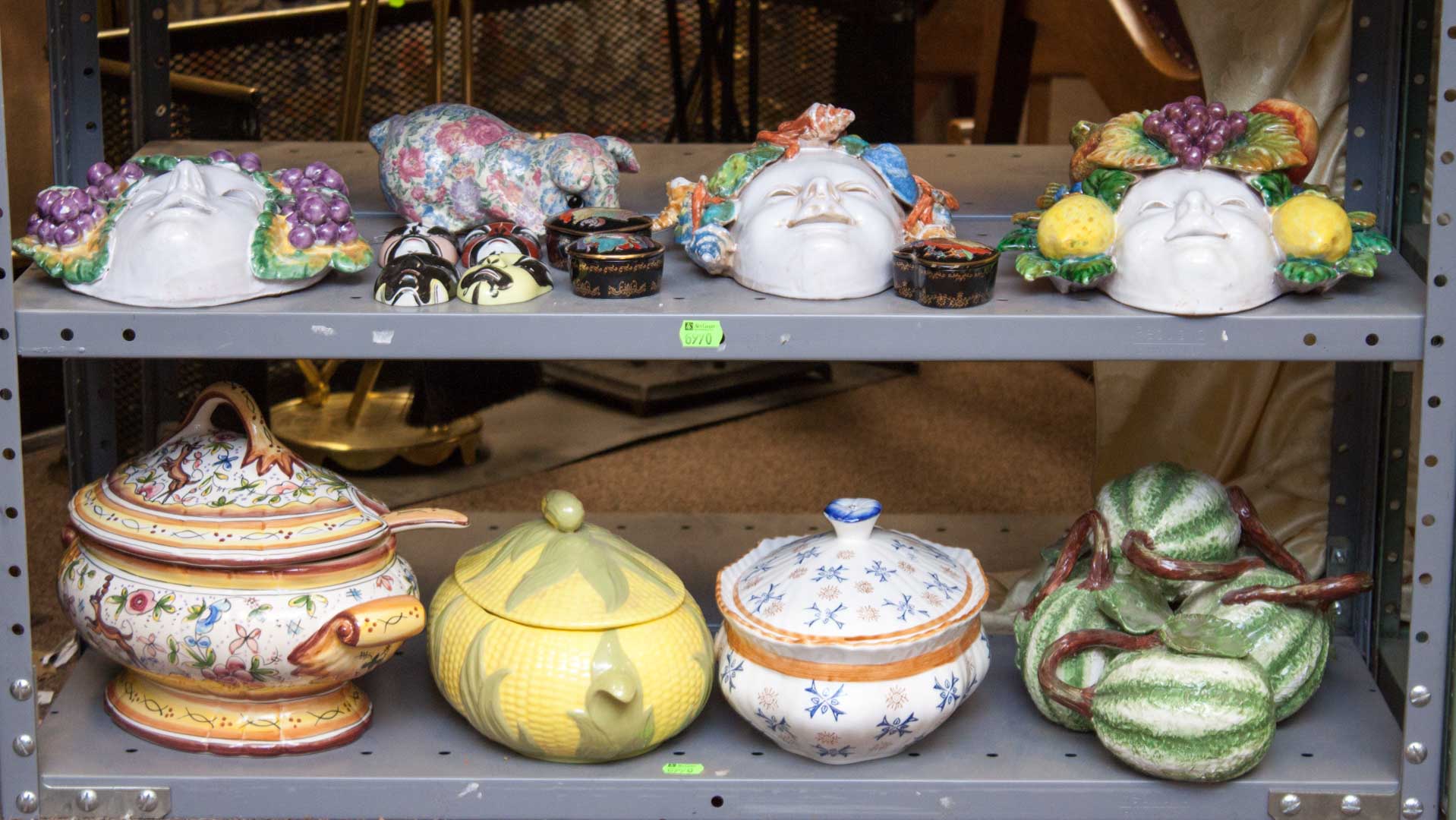 Appraisal: Assortment of decorative items including ceramic masks dresser boxes and