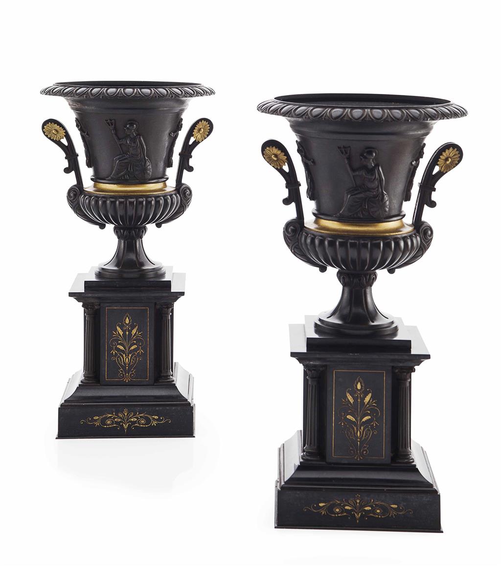 Appraisal: PAIR OF FRENCH PATINATED AND GILT BRONZE CAMPANA URNS TH