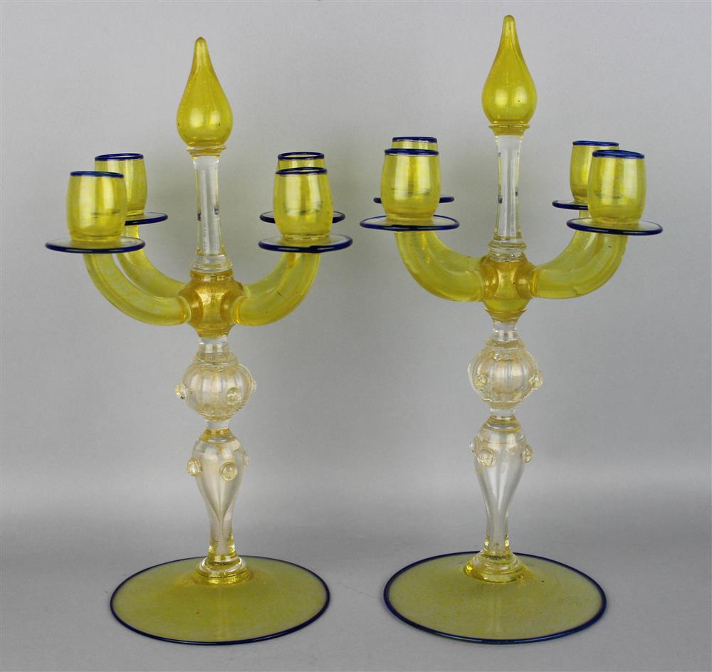 Appraisal: PAIR OF MURANO YELLOW GLASS CANDELABRA with four lights centering