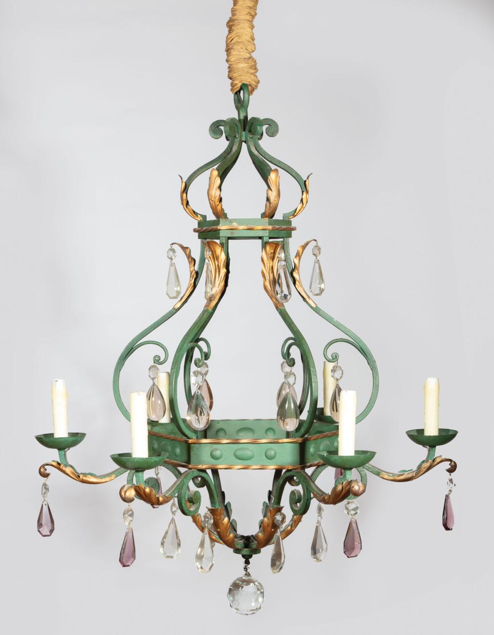 Appraisal: French Iron and Tole Peinte Six-Light Chandelier early th c