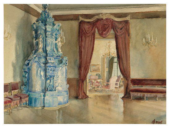 Appraisal: WALTER GAY Parlor with a Delft Oven Watercolor on cream