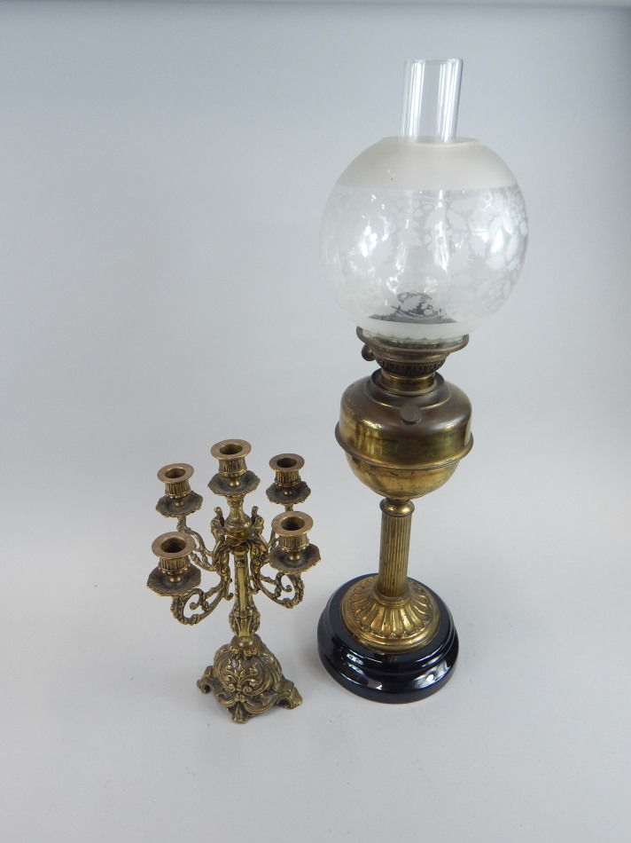 Appraisal: Two items of brass a column oil lamp with wide